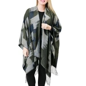 Southwest Print Fringe Wrap Shawl Ruana Olive Green